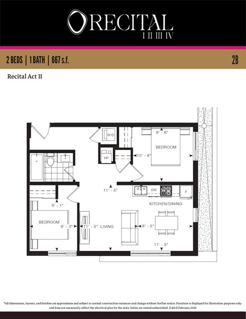 Floor plan for 2 beds, 1 bath, 667 sqft